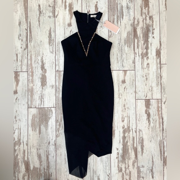Three Floor Black Embellished Mesh Halter Dress Size 0 XXS Zip Back NWT - Picture 4 of 16